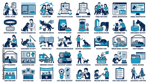 Animal shelter, pet adoption, foster care, veterinary services, animal rescue, and pet welfare management vector icons set
