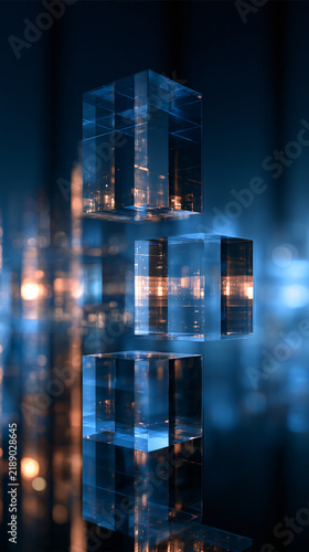 Floating glowing virtual glass cubes representing virtualization technology in dark space
