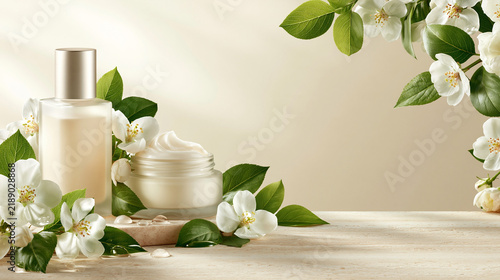 Luxury skincare cream jar and bottle surrounded by fresh white flowers on stone surface.