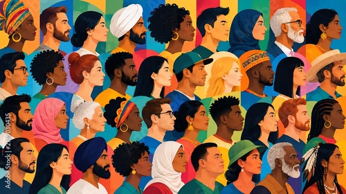 Diverse group of people side profile portraits in a colorful multi-ethnic crowd illustration with social diversity