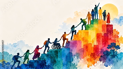 Diverse group of people helping each other climb up colorful steps representing progress and collective achievement with teamwork