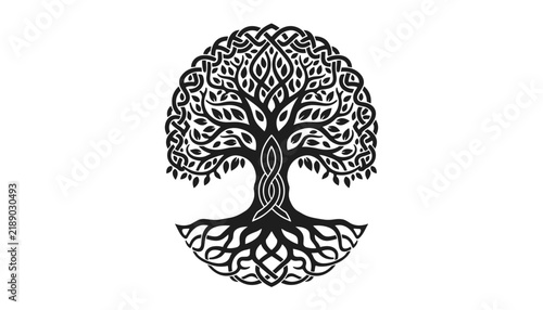 Celtic tree of life yggdrasil symbol with highly intricate intertwined roots and branches in a black vector design.