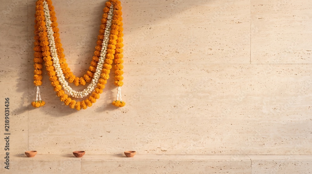 Obraz premium diwali festivities decor, a serene composition featuring a marigold garland against a travertine wall