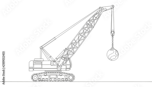 Wrecking ball crane on crawler tracks in a detailed black and white outline drawing representing demolition and construction.