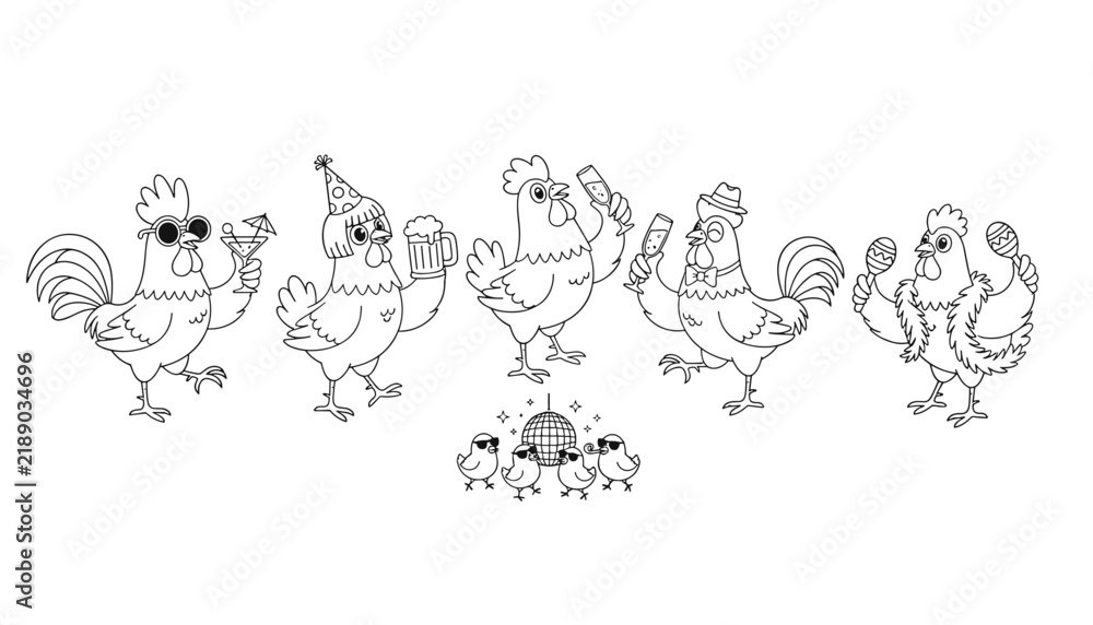 Obraz premium Funny line art illustration of chickens and roosters enjoying a dance party with drinks, music, and a disco ball.