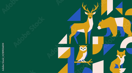 Set collection of forest animals in geometric abstract pattern, flat design graphic element