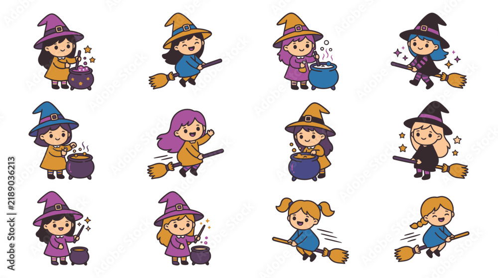 Fototapeta premium Whimsical witch girl illustrations practicing magic and riding brooms for festive halloween party decorations and prints.