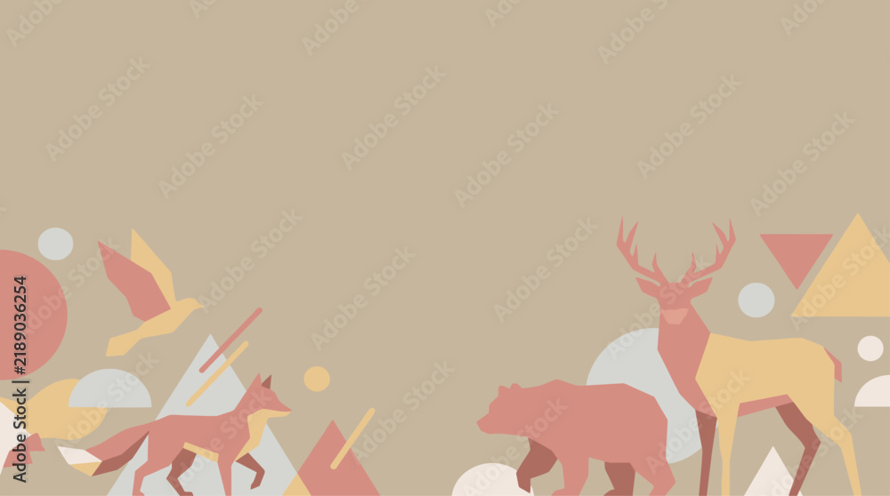 Fototapeta premium Vector illustration of diverse animals and geometric shapes in a flat design style, suitable for nature themes.