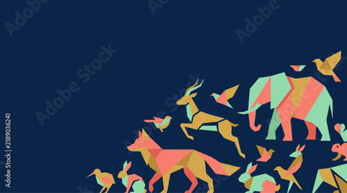 Geometric origami animals collection in flat design style, set against a dark blue background.