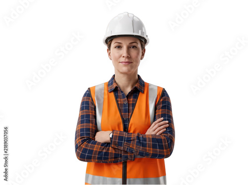 Construction worker with arms crossed wearing safety gear
