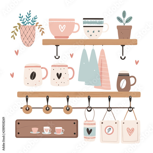 Kitchen wall shelves with coffee mugs and hanging decorations in pastel tones.