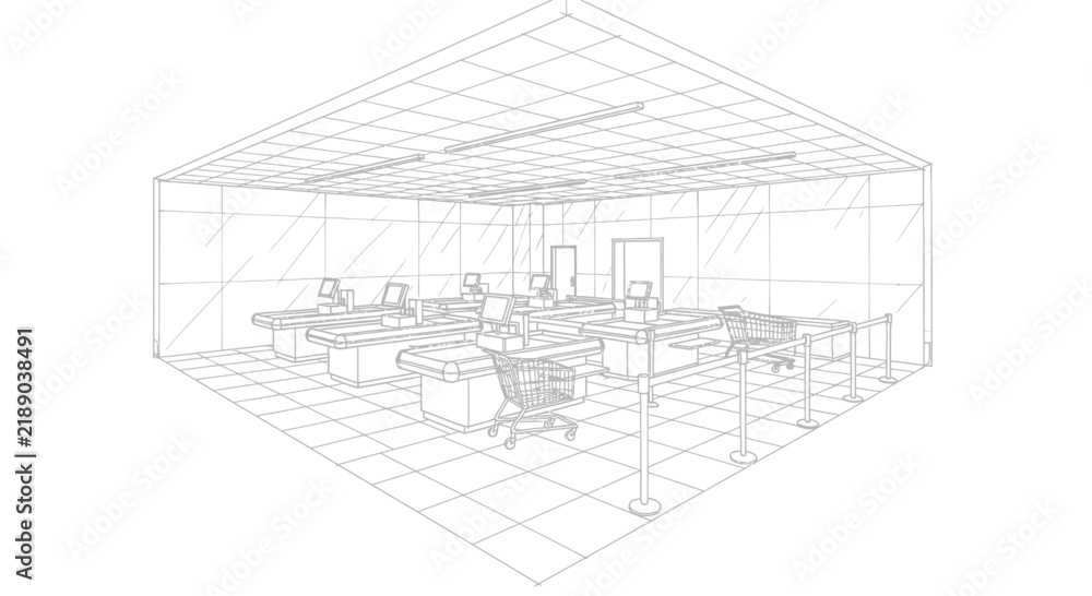 Fototapeta premium Corporate Self Service Checkout Kiosks Layout in Modern Warehouse or Retail Space with Shopping Carts Monitors and Conveyor Belts