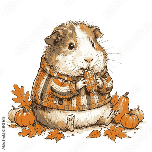 A plump guinea pig wearing a cozy striped sweater eats corn surrounded by autumn pumpkins with pumpkins orange leaves dressed warm knitted