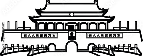 Quadro su tela A minimalist black and white line art illustration of the iconic tiananmen gate