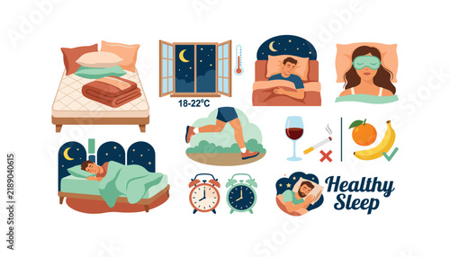 Foto Healthy sleep routine infographic icon set with lifestyle habits bedtime rules a