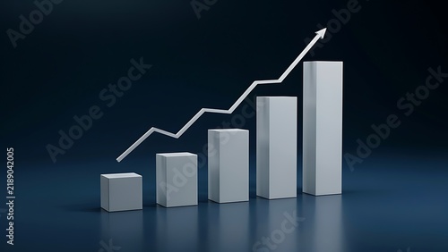 3D illustration of business growth chart with rising bars and upward trend arrow on dark blue background