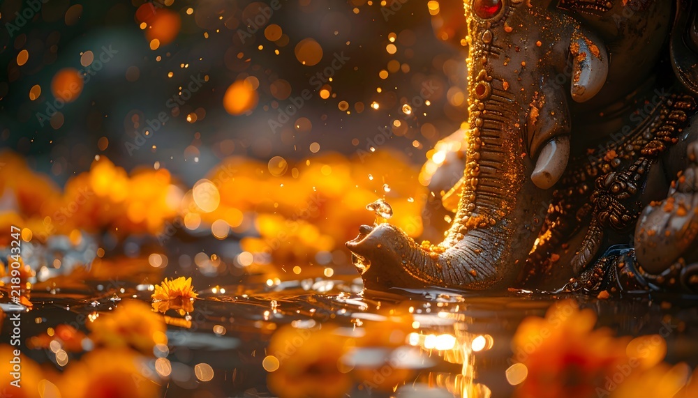 Fototapeta premium Lord Ganesha Idol Close Up with Glowing Water Reflections and Floating Marigold Petals