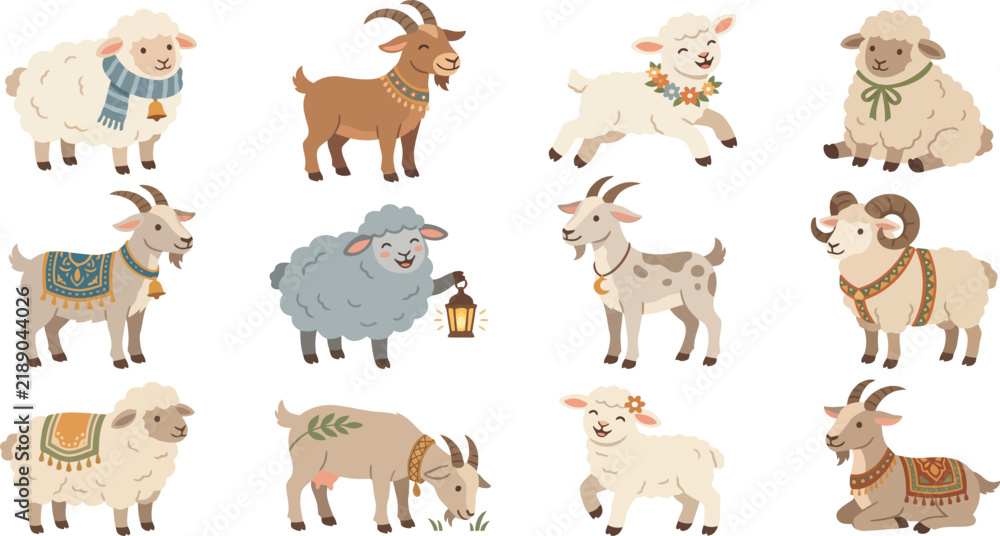 Fototapeta premium Collection of cute cartoon sheep and goats diverse farm animals with accessories for childrens illustrations and educational materials isolated on white