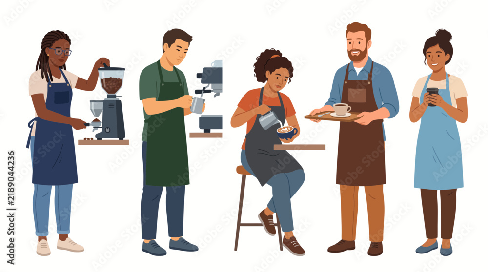 Obraz premium Diverse Group of Professional Baristas Preparing Coffee in a Modern Cafe Setting Illustration