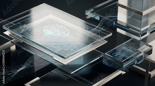 Advanced AI glass technology concept featuring glowing neural network and futuristic data