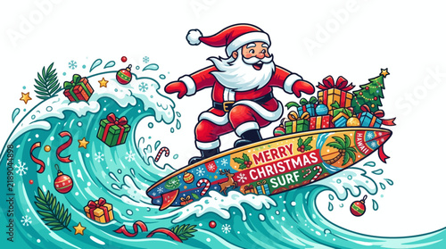 Santa Claus surfing on surfboard