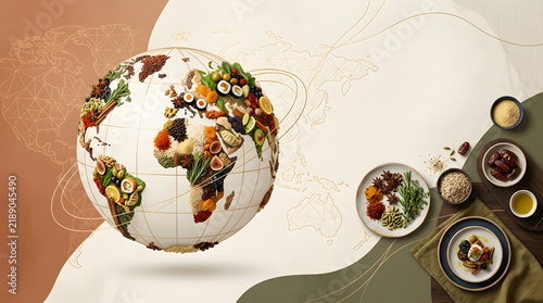 Culinary World Map Concept Featuring Global Ingredients and Traditional Gourmet Food Dishes