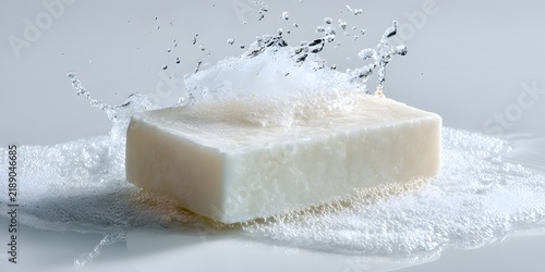 White bar of soap with dynamic water splash and foam bubbles on a wet surface
