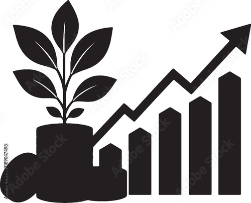 Growing plant on increasing bar graph with upward arrow