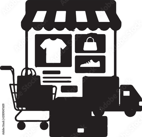 Shopping cart with clothing storefront and delivery truck icon