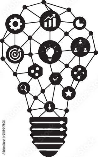 Lightbulb with networked icons inside representing ideas and innovation