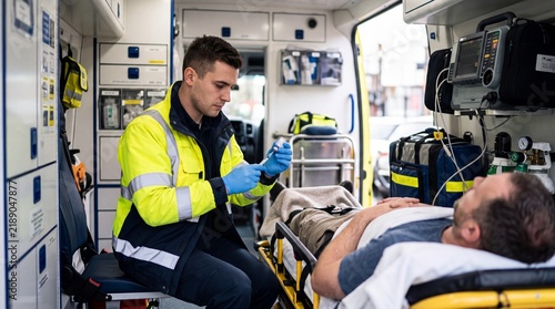 Paramedic preparing syringe for patient in ambulance