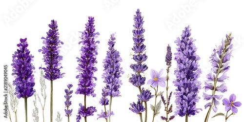 Watercolor lavender flowers and purple wildflowers arranged in a row on a white background