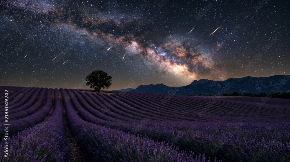 Fototapeta premium Milky Way and meteor shower over lavender field and mountains