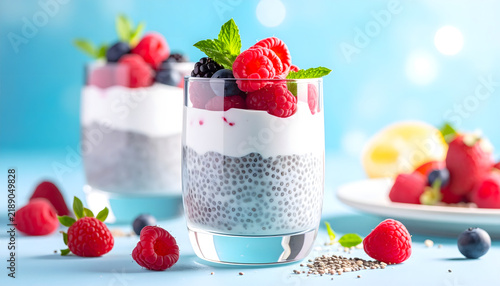 Yogurt with Fresh Strawberries and Mixed Fruits in a Glass for a Healthy Breakfast Dessert or Refreshing Beverage