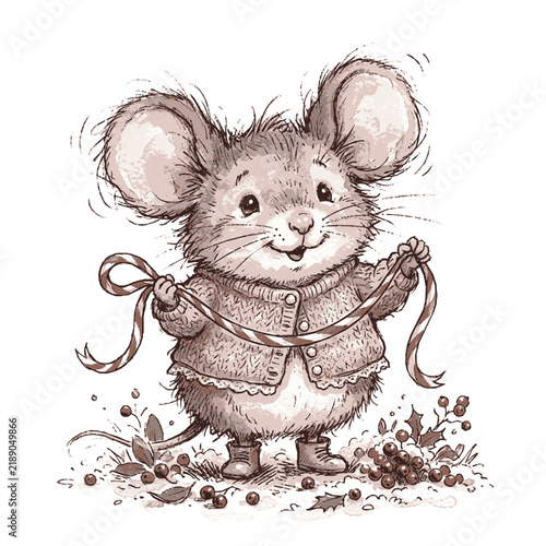 A small cute mouse wearing a knitted cardigan and boots holds a ribbon in a winter setting with holly berries with berries white background