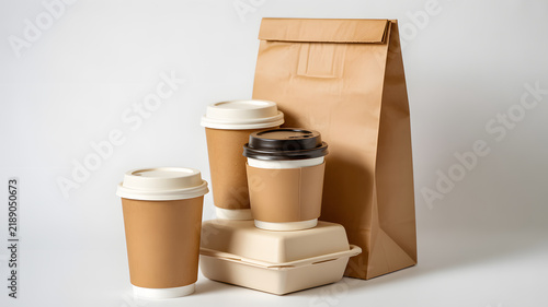 Reusable coffee cups and paper bag arranged on a clean neutral background