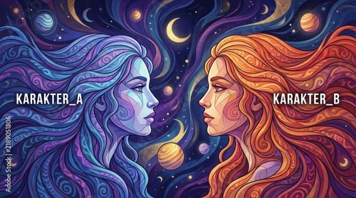 Celestial illustration of sun and moon goddess profiles.