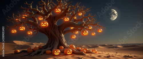 Giant dead tree adorned with glowing jack-o'-lanterns in dark desert for Halloween event posters, spooky blog headers, and fantasy illustrations