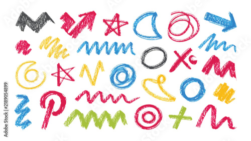 Colorful hand drawn crayon scribbles and geometric shapes collection for creative design projects