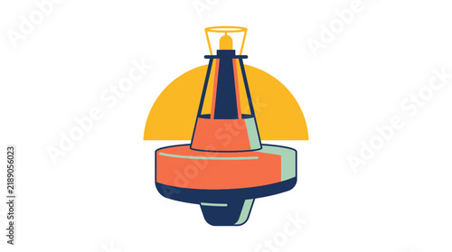 Modern flat design illustration of a colorful marine navigational buoy set against a stylized yellow sun or sunrise, representing sea travel and safety.