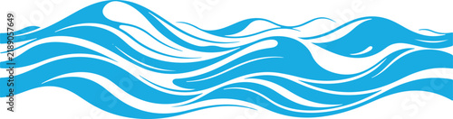 Abstract blue water wave pattern with flowing curves and white highlights on a white background