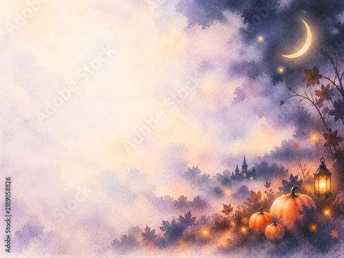 Obraz na płótnie 三日月とかぼちゃをイメージした抽象水彩背景 静かで幻想的なハロウィーンの夜