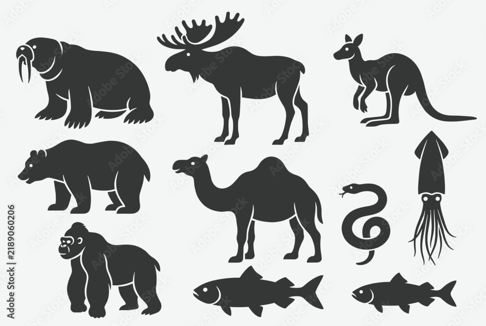 Obraz premium Collection of diverse animal silhouettes including a walrus, kangaroo, camel, and gorilla in a clean high-contrast style.