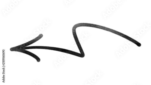 Graffiti marker spray arrow pointing left with wavy S-curve line stroke isolated on white background. Hand drawn doodle symbol for urban street art layout design.