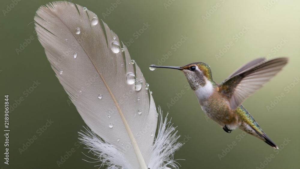 Fototapeta premium Hummingbird Near Soft Feather with Water Droplets in Green Background