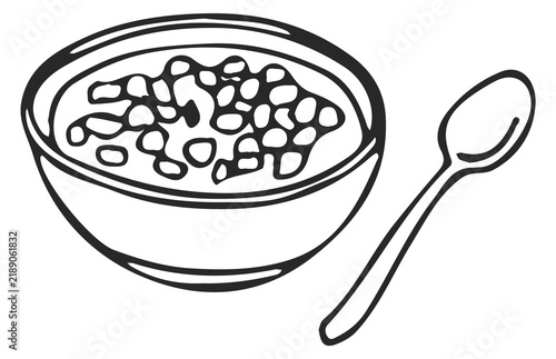 Grain cereal dish sketch. Breakfast bowl drawing