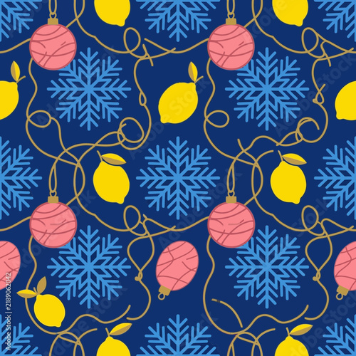 Festive seamless pattern with lemons, snowflakes, and holiday ornaments