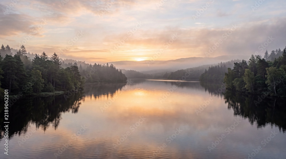 Fototapeta premium Sunrise reflecting on a calm lake surrounded by misty forest