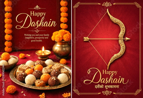 Happy Dashain festival celebration with traditional sweets flowers and decorative elements in vibrant red theme