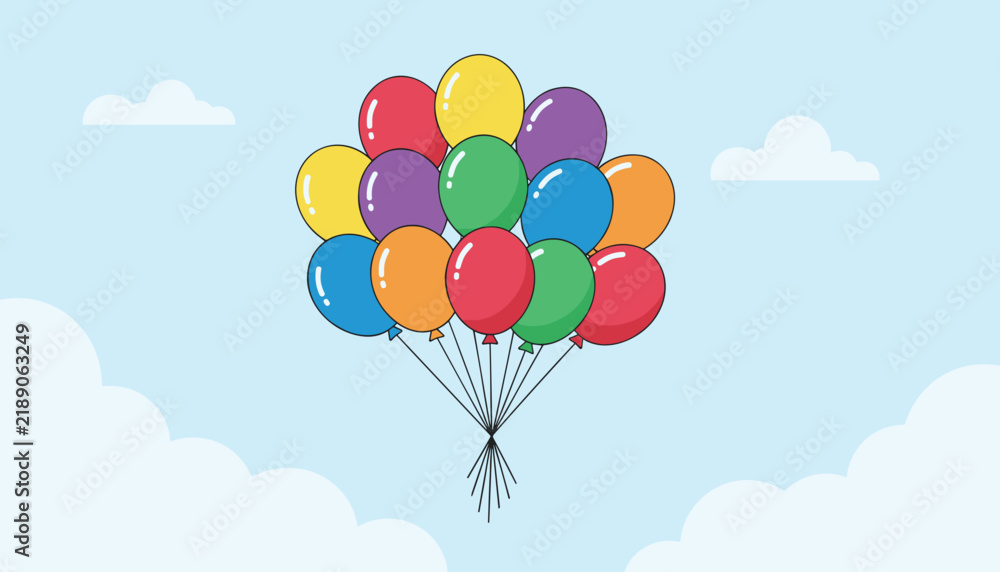 Fototapeta premium Giant colorful bouquet of floating party balloons drifts high up in the blue sky among soft white clouds.